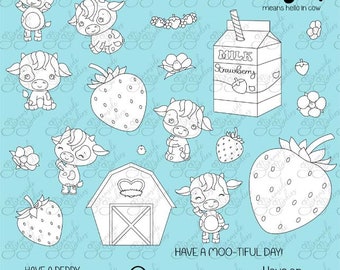 Strawberry Cows, 300 dpi png digi, farm digital stamps