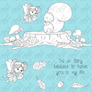 Fairy Fun Fall Friends digital stamp set, png, 300 dpi images, black and white images for card making