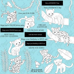 May include: A digital illustration of a variety of cute cats with different expressions and poses. The cats are all white with black spots and are surrounded by green leaves and vines. The illustration includes text such as "I love you FUR-EVER!" and "Hope you're FELINE better soon."