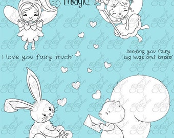 Fairy Fun Valentines, jeu de timbres de fées numériques, images png 300 dpi, images en noir et blanc pour la fabrication de cartes