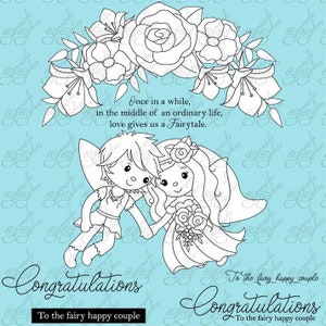 Fairy Happy Couple, Hochzeit, digitales Feen Stempel Set, png 300 dpi Bilder, schwarz-weiß Bilder zur Kartenherstellung