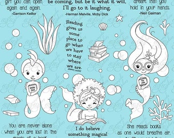 Mermaids Reading Adventure, 300 dpi png digi, mermaids and books digital stamps