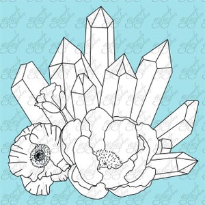 May include: A black and white line drawing of a cluster of crystals with flowers at the base. The crystals are geometric shapes with sharp points. The flowers are stylized and have rounded petals.