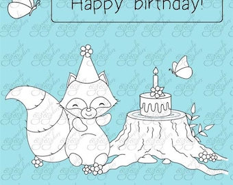 Racoon Birthday Cake for You digital stamp set, woodland critters racoon digi stamps, png 300 dpi