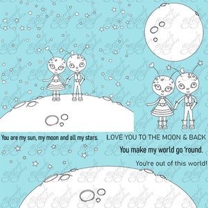 Aliens Love You To The Moon And Back jeu de timbres numériques, ensemble de png de 5 300 images dpi et 4 sentiments, images en noir et blanc pour la fabrication de cartes