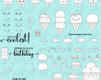 Ice cream Critters, cute kawaii popsicles and ice cream 300 dpi digital stamp.