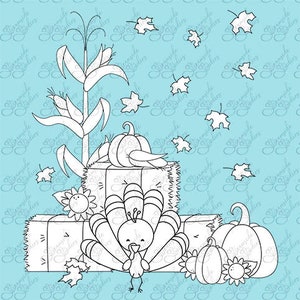 Happy Little Turkey harvest scene, fall harvest, thanksgiving, turkey digital image stamps 300 dpi