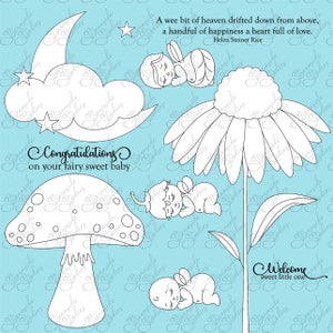Ensemble de timbres numériques Fairy Sweet Babies, images png 300 dpi, images en noir et blanc pour la fabrication de cartes