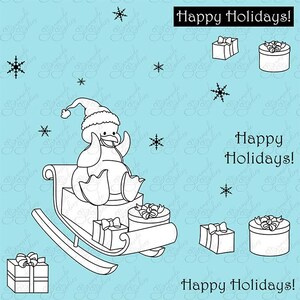 Penguin sledding digi stamp, 300 dpi,  png,