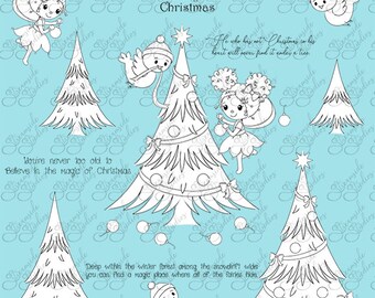 Fairy Fun Decorating The Christmas Tree digital stamp set, png set of  13 300 dpi images, black and white images for card making