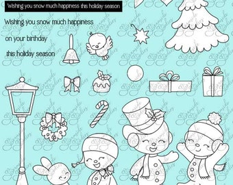 Snow Much Happiness digital stamp set, png set of  300 dpi images, black and white images for card making