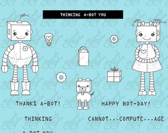 All A-BOT You Digital Stamp set, 15 png 300 dpi digi stamps, cute robot stamps