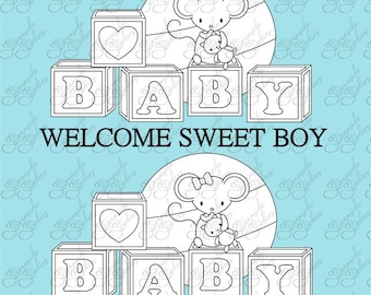 Welcome Sweet Baby mice digital stamp set, mice digi stamps, png 300 dpi