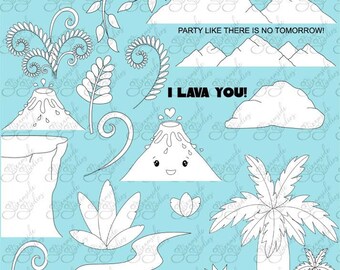 Prehistoric landscape, volcano digital stamp set, digi stamps, png 300 dpi