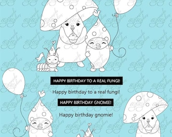 Happy Birthday Fungi, gnome digital stamp sets, png, 300 dpi images, black and white images for card making