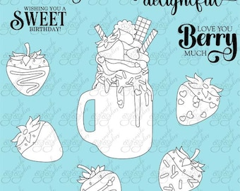 Strawberry Delights, Strawberry Milkshake, chocolate covered strawberries,  300 dpi digital stamp.