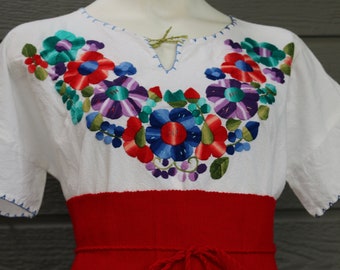 Floral Hand Embroidered Women's Mexican Blouse, Short Sleeve, Boho Top, Handmade, Fiesta, Blusa Mexicana
