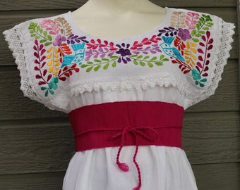 Hand Embroidered Women's Mexican Blouse, Short Sleeve, Floral and Bird, Crochet Lace Accents, Boho Top, Women's, Fiesta, Blusa Mexicana