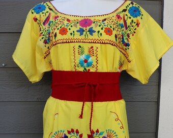 Floral Hand Embroidered Mexican Dress, Short Sleeve, Under the Knee, Artisan Made, Boho Clothing, Vestido Mexicano