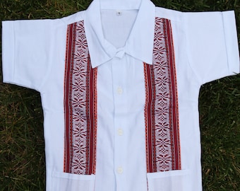 Boys Mexican Guayabera Button Up Shirt, Boys Mexican Collar Shirt, Boys Mexican Style Fiesta Shirt, Front Pockets, Guayavera