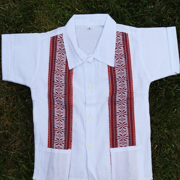 Boys Mexican Guayabera Button Up Shirt, Boys Mexican Collar Shirt, Boys Mexican Style Fiesta Shirt, Front Pockets, Guayavera