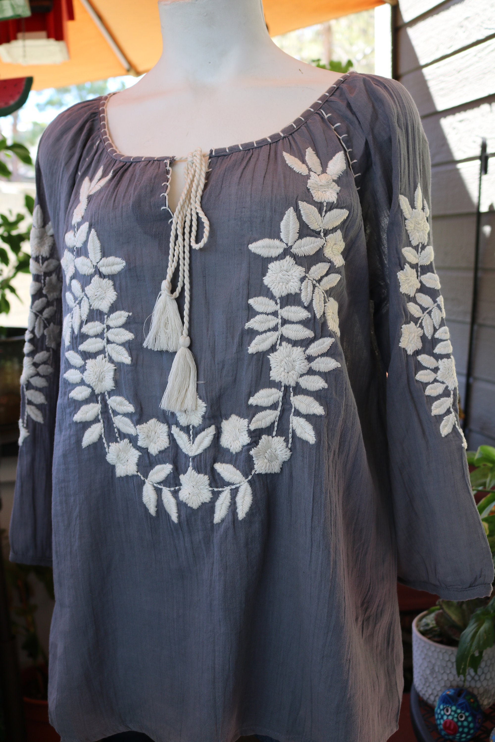 Embroidered Floral 3/4 Long Sleeve Blouse With Front Tassel Tie, Boho ...