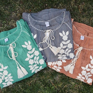 Embroidered Floral 3/4 Long Sleeve Blouse with Front Tassel Tie, Boho Lightweight Cotton Blouse