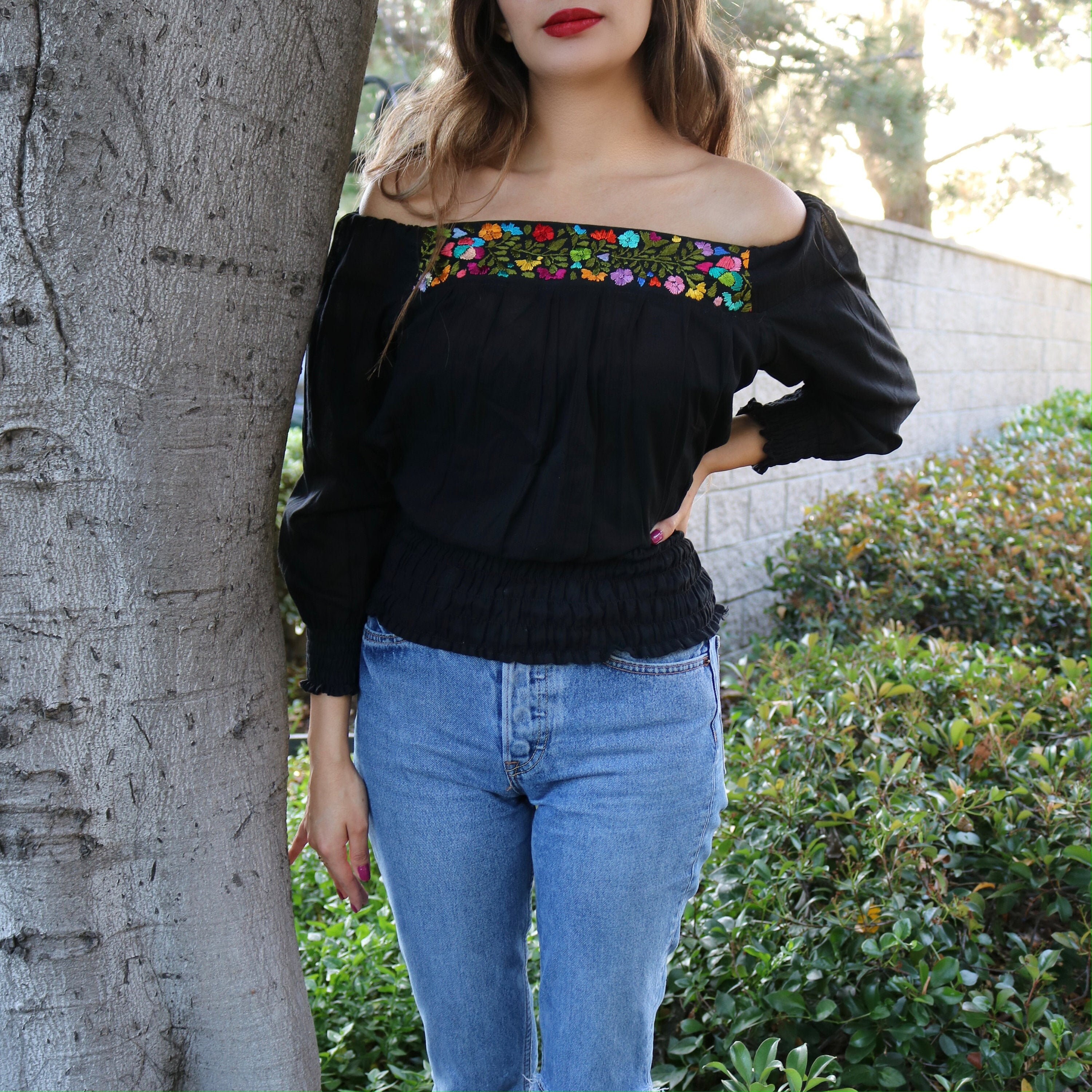 Hand Embroidered off Shoulder Floral 3/4 Sleeve Blouse Top