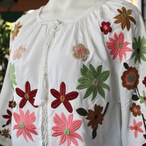 Multicolor Floral Embroidered Top, Crochet Lace Trim, Lightweight Spring Summer Blouse, 3/4 Length Sleeves, Front Tassel Tie
