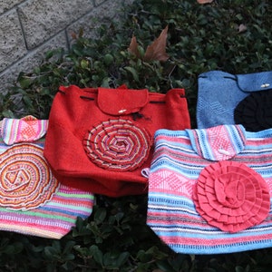 Mexican Handwoven Floral Accent Backpack, Mexican Blanket Style, Ethnic Backpack, Beach Backpack Bag, Mochila Mexicana