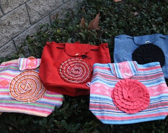 Mexican Handwoven Floral Accent Backpack, Mexican Blanket Style, Ethnic Backpack, Beach Backpack Bag, Mochila Mexicana