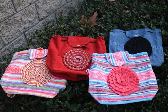 Mexican Handwoven Floral Accent Backpack, Mexican Blanket  display picture 2
