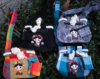 Mexican Doll Mini Crossbody Bag, Handwoven Embroidered Purse, Adjustable Strap Bag and Coin Pouch Set