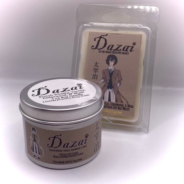 Dazai Candle or Wax Melt | Bungo Stray Dogs | BSD | Anime | Manga | Soy Wax | Whiskey | Vanilla | Cedarwood | Osamu | 太宰 治 |