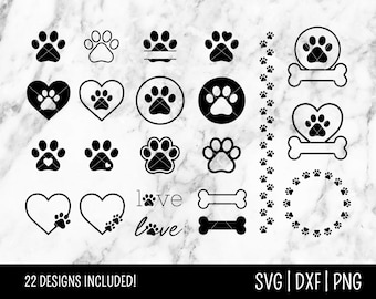 犬の足跡 SVG バンドル ファイル、犬の骨、クリップ アート、猫、犬のお母さん SVG、モノグラムのカスタマイズ | インスタント デジタル ダウンロード、カット ファイル、SVG Dxf PNG