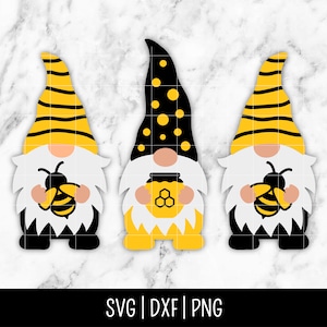 May include: Three yellow and black gnome figurines holding honey pots and bees. The gnomes have black hats with white polka dots and yellow and black striped beards.