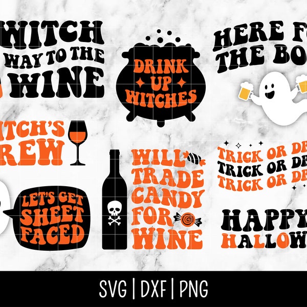 Wine Halloween SVG Bundle, Spooky Season Drink, Retro Groovy, Boo, Witch Sayings, Ghost | Instant Digital Download, Cut File, Svg Dxf Png