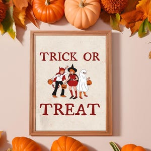 Impresión vintage de truco o trato para Halloween, decoración espeluznante, arte de pared imprimible lindo e ilustrado, impresión de Halloween, descarga digital, decoración de pared