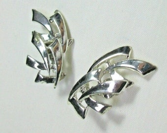 1960's CORO BRUTALIST EARRINGS - Modernist Silvertone Clip On Earrings - Abstract Design- Signed "Coro" - Over 1" Long -Excellent Condition