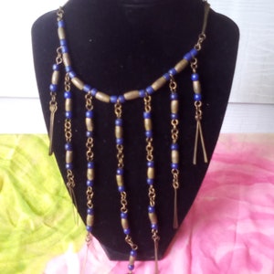 1940s HANDCRAFTED BIB NECKLACE -Vintage Brass & Glass Bead Egyptian Revival Bib Necklace- Artisan Crafted