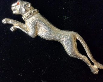 LARGE PANTHER BROOCH - 1980s Silvertone Panther Brooch, Unsigned, Like New Condition- Measures 4" in Length