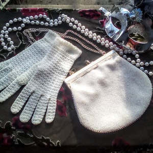 1950s IVORY GLOVES & PURSE - Vintage Crocheted Gloves and Beaded Evening Bag with Adjustable Chain Strap -Made in Hong Kong- Great Condition