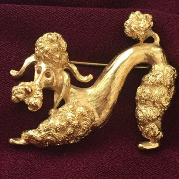 1960's MONET POODLE BROOCH - Goldtone "Playful Poodle" Design - Signed "Monet" - Pristine Condition