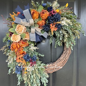 Fall rose wreath,  Autumn front door decor, farmhouse cottage wreath, mum ranunculus berry wreath