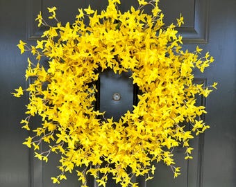 Forsythia Spring and Summer Wreath: Yellow Flower Farmhouse Door Decor
