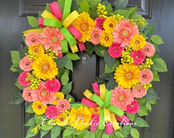Gerbera Daisy Wreath: Pink, Peach & Yellow Summer Decor, Grapevine