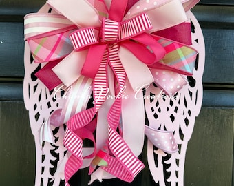 Pink Angel Wings Wreath: Rustic Metal Door Hanger, memorial