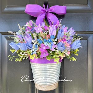 Hanging Floral Arrangement: Purple Pink Flowers in Distressed Metal Bucket