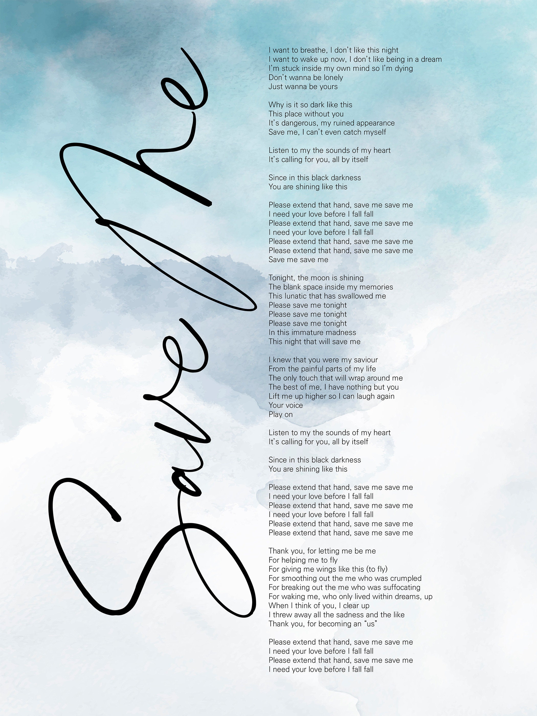 BTS Save Me Lyrics Prints Poster Digital Download Korean | Etsy