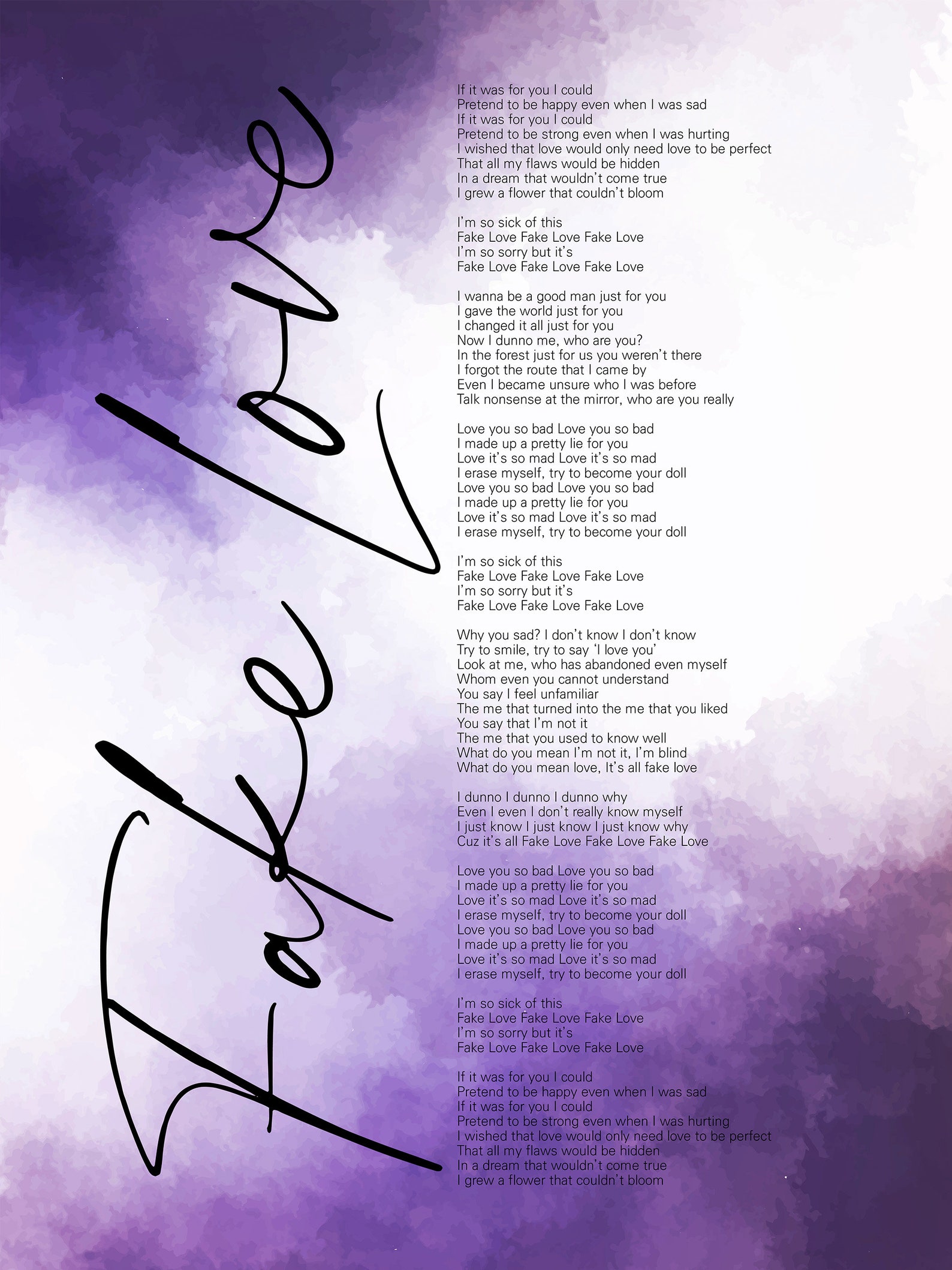 BTS Fake Love Lyrics Prints Poster Digital Download Korean Etsy